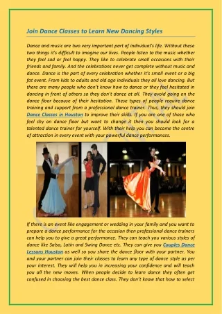 Join Dance Classes to Learn New Dancing Styles
