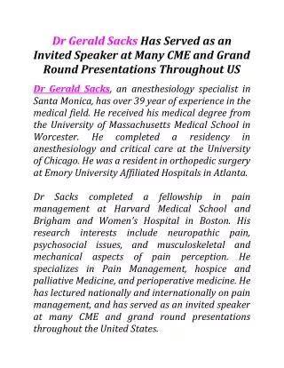 Dr Gerald Sacks Has Served as an Invited Speaker at Many CME and Grand Round Presentations Throughout US
