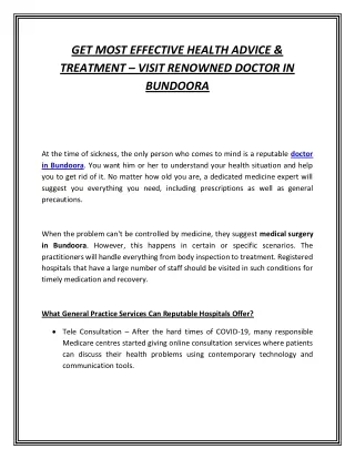 GET MOST EFFECTIVE HEALTH ADVICE & TREATMENT – VISIT RENOWNED DOCTOR IN BUNDOORA