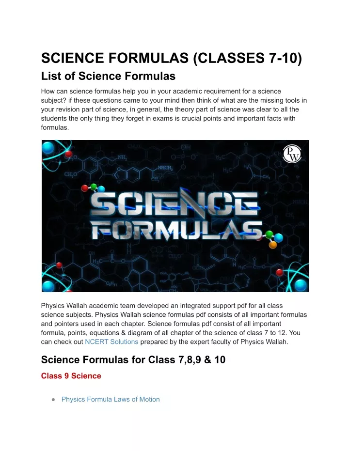 science formulas classes 7 10 list of science