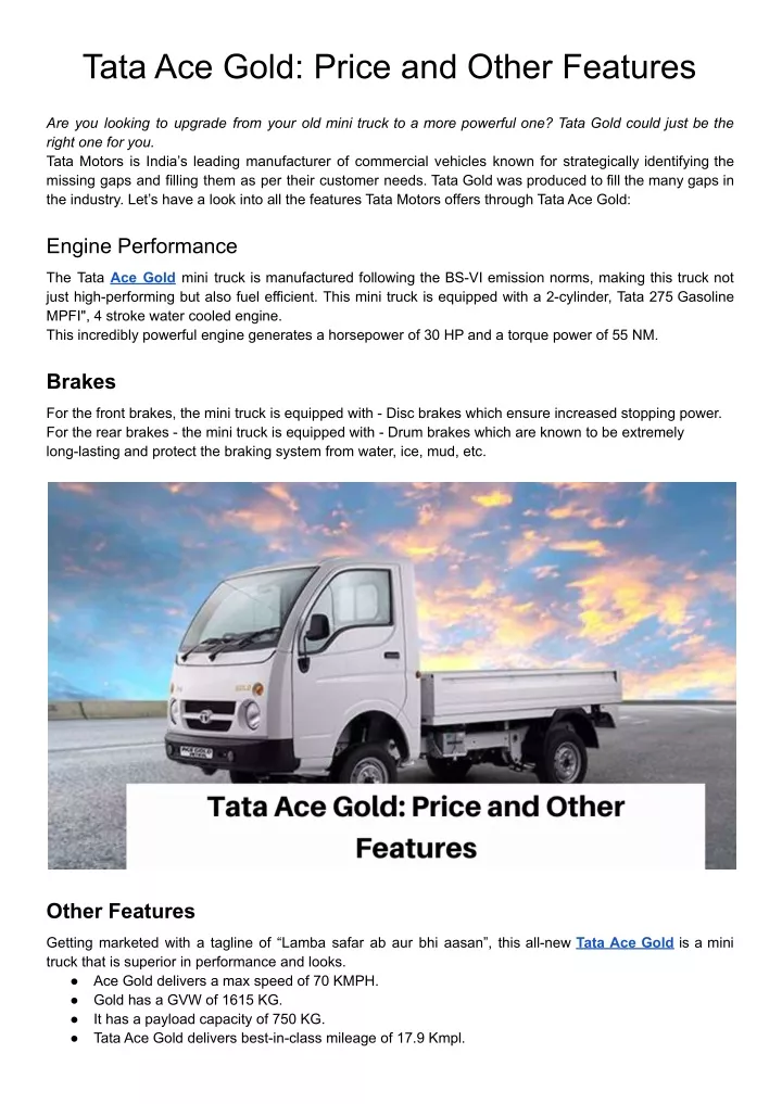 tata ace gold price and other features