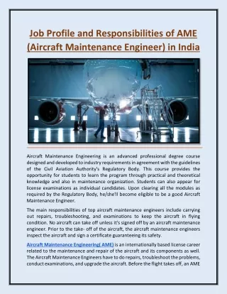Job Profile and Responsibilities of AME (Aircraft Maintenance Engineer) in India
