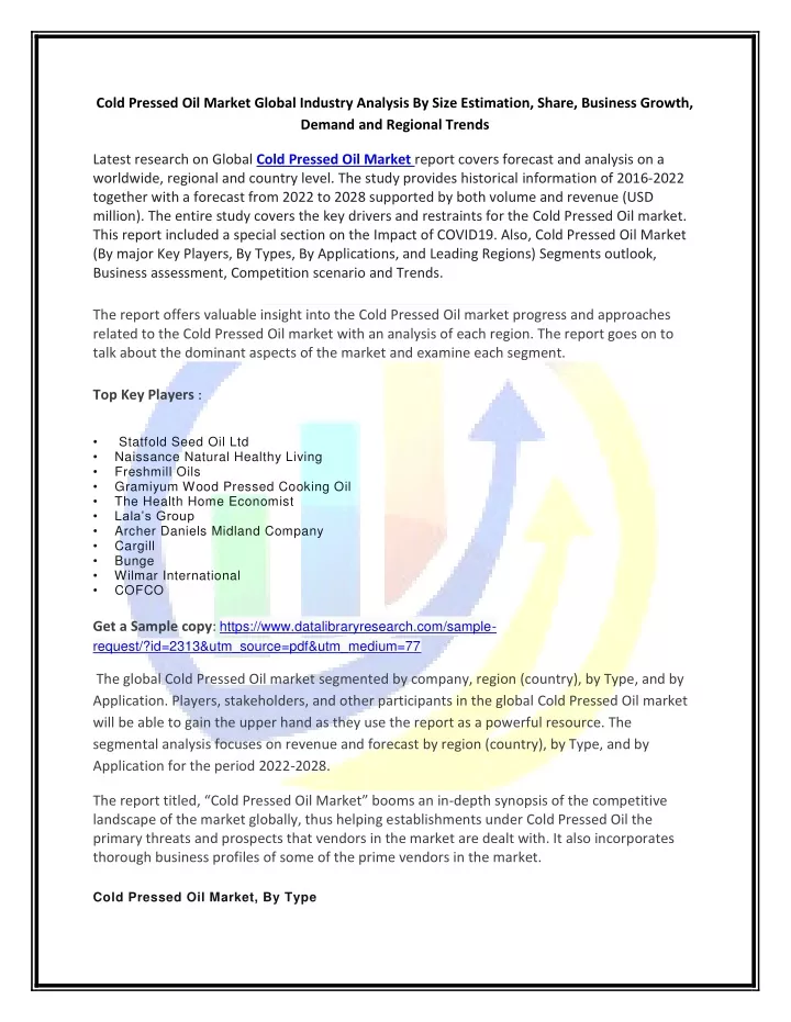 cold pressed oil market global industry analysis