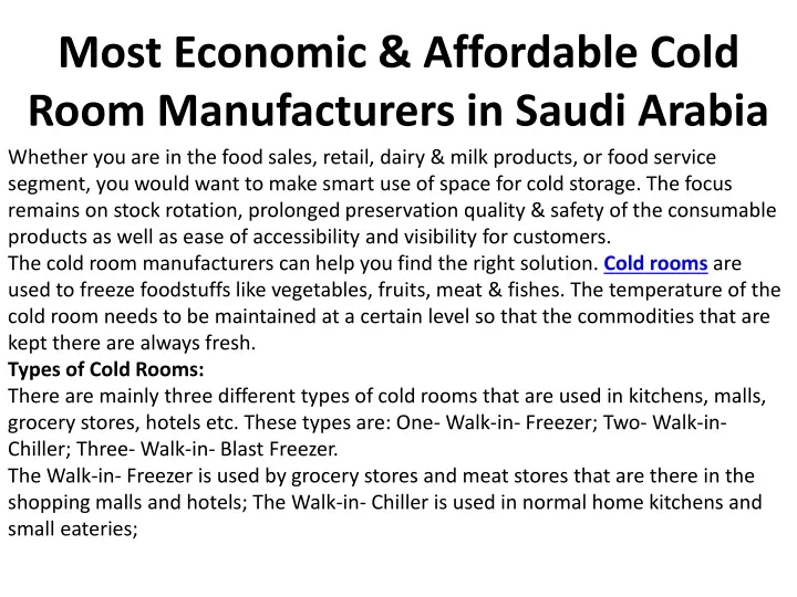 most economic affordable cold room manufacturers in saudi arabia