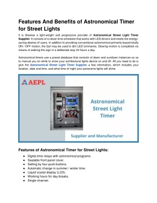 Features And Benefits of Astronomical Timer for Street Lights.