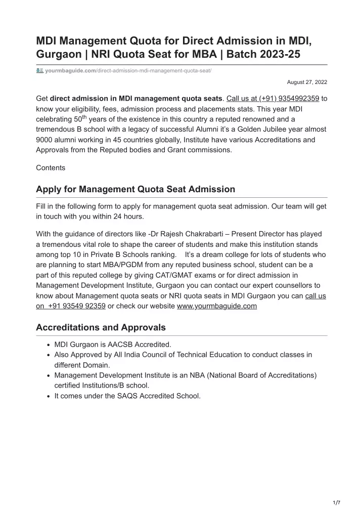 mdi management quota for direct admission