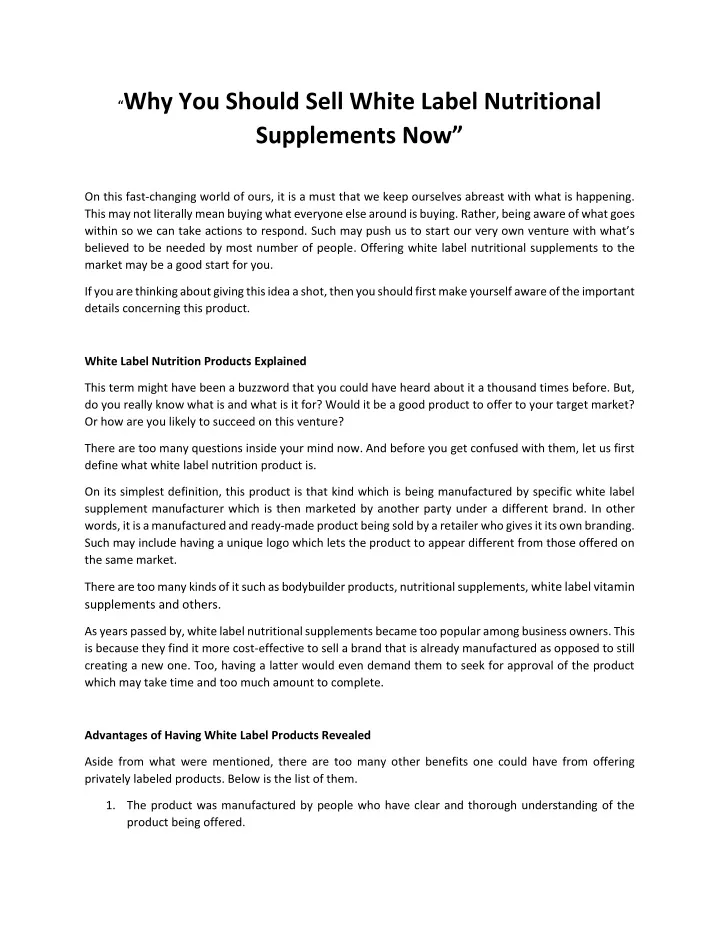 why you should sell white label nutritional