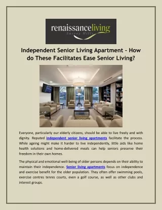 Independent Senior Living Apartment – How do These Facilitates Ease Senior Living