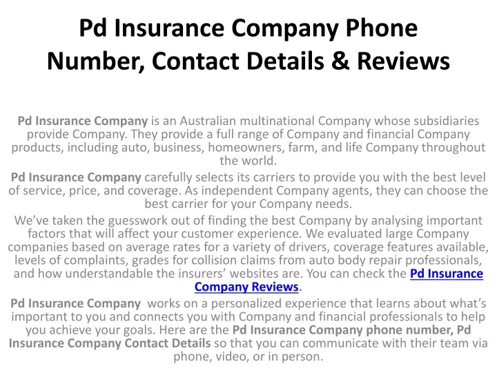 pd insurance company phone number contact details reviews