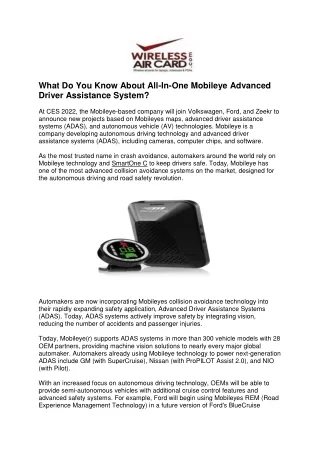 What Do You Know About All-In-One Mobileye Advanced Driver Assistance System?