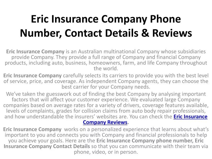 eric insurance company phone number contact details reviews