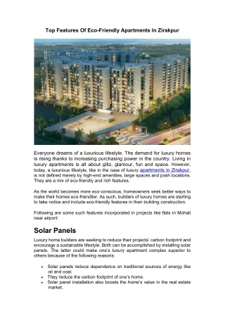 Top Features Of Eco-Friendly Apartments In Zirakpur