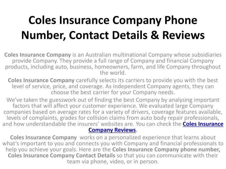 coles insurance company phone number contact details reviews