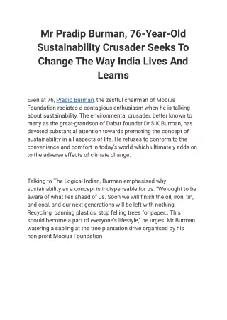 Mr Pradip Burman, 76-Year-Old Sustainability Crusader Seeks To Change The Way India Lives And Learns