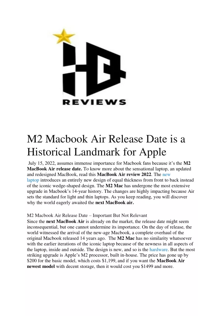 m2 macbook air release date is a historical