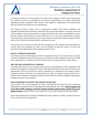 affluence advisory pvt ltd mandatory appointment