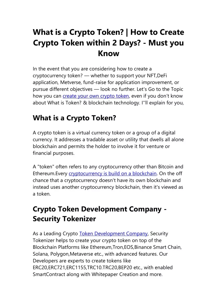 what is a crypto token how to create crypto token
