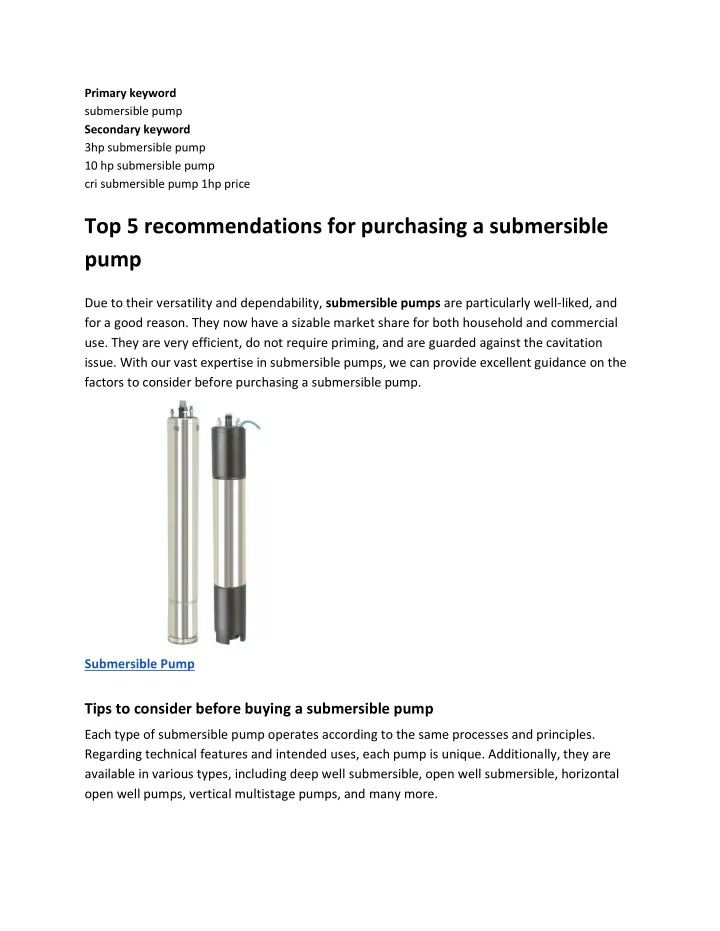 primary keyword submersible pump secondary