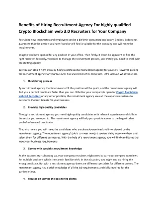 Benefits of Hiring Recruitment Agency For highly qualified Crypto Blockchain web
