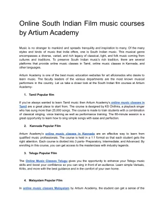 Online South Indian Flim music courses by Artium Academy