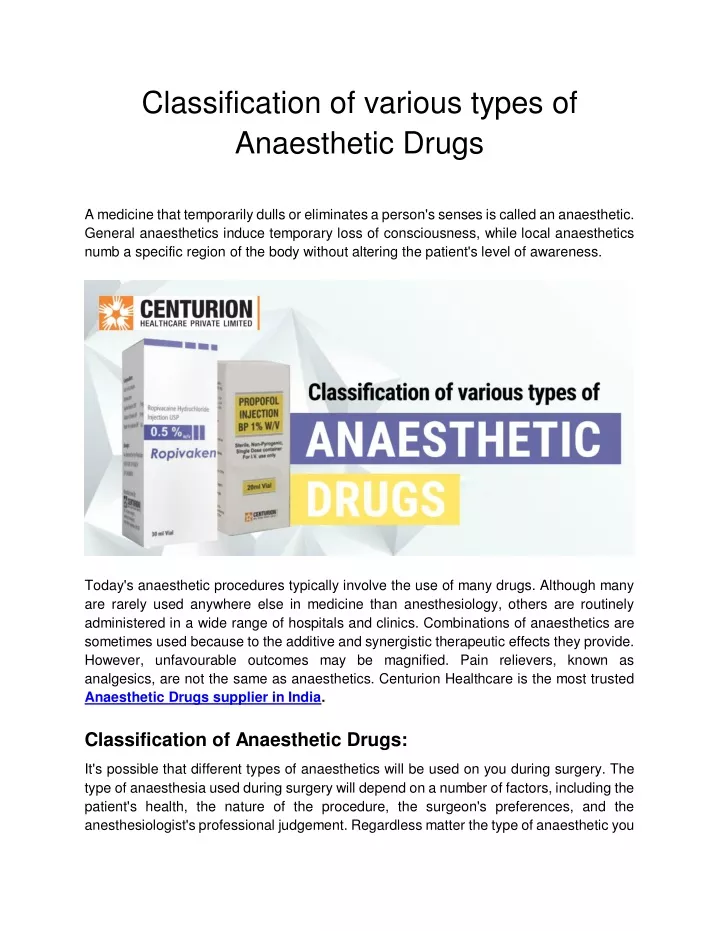 classification of various types of anaesthetic