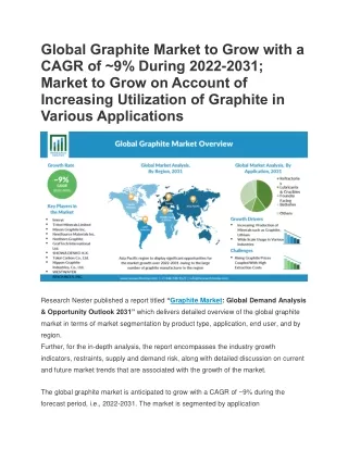 Graphite Market to Grow with a CAGR of ~9% During 2022-2031