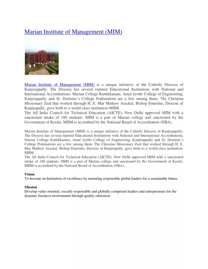 marian institute of management mim