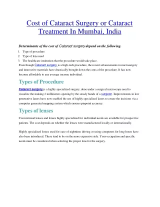 Cost of Cataract Surgery or Cataract Treatment In Mumbai