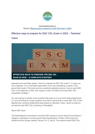 Effective ways to prepare for SSC CGL Exam in 2022 – Teachers’ Vision CHD