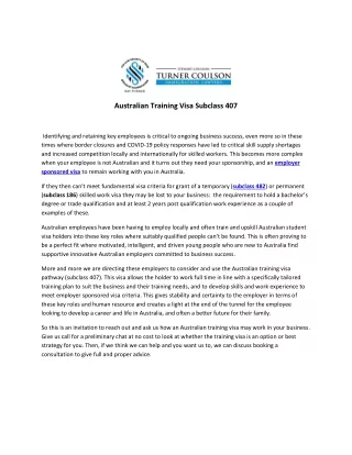 Australian Training Visa Subclass 407