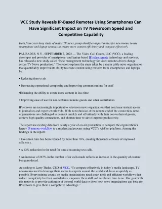 VCC Study Reveals IP-Based Remotes Using Smartphones Can Have Significant Impact on TV Newsroom Speed and Competitive Ca