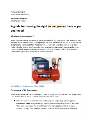 A guide to choosing the right air compressor tank as per your need