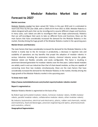 Modular Robotics Market Size and Forecast to 2027