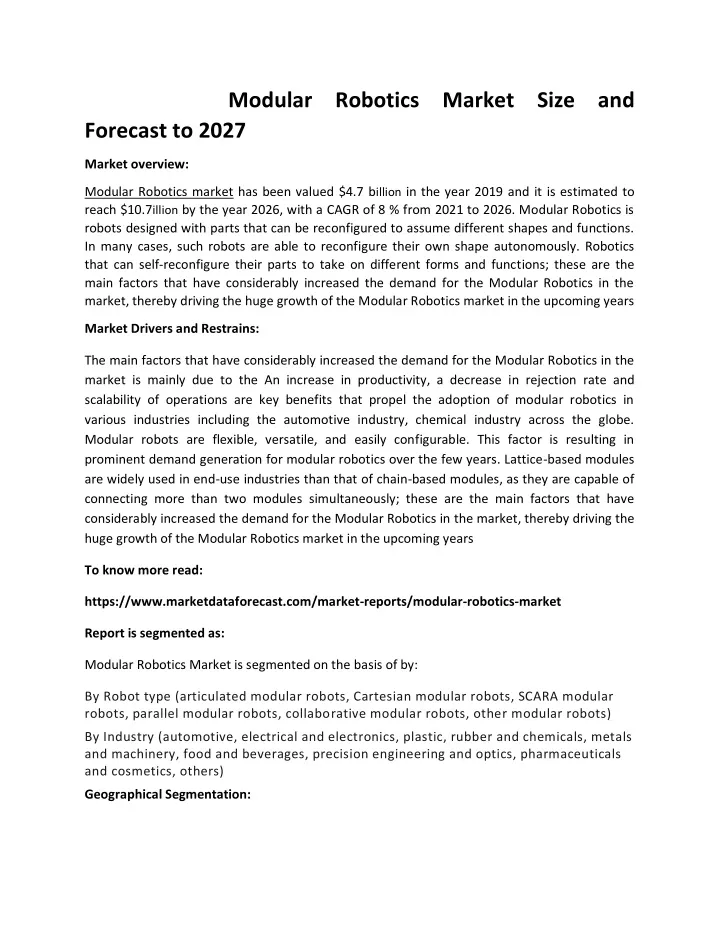 modular robotics market size and forecast to 2027