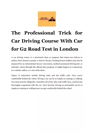 The Professional Trick for Car Driving Course With Car for G2 Road Test in London