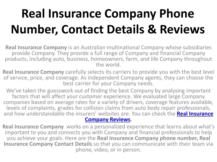 real insurance company phone number contact details reviews