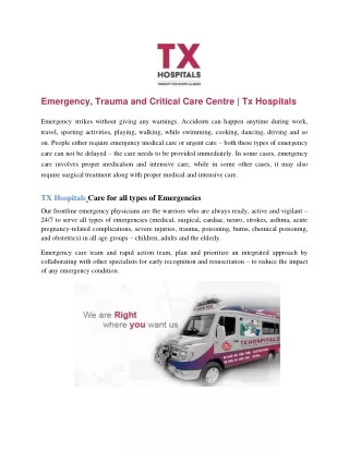 Emergency, Trauma and Critical Care Centre | Tx Hospitals