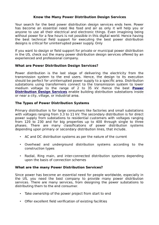Know the Many Power Distribution Design Services