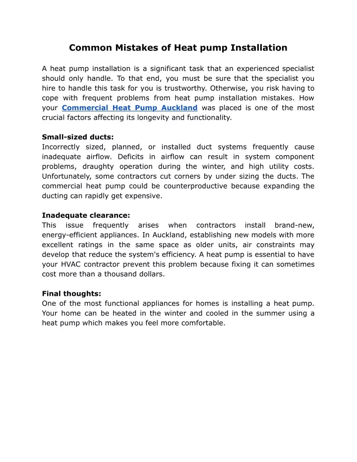 common mistakes of heat pump installation