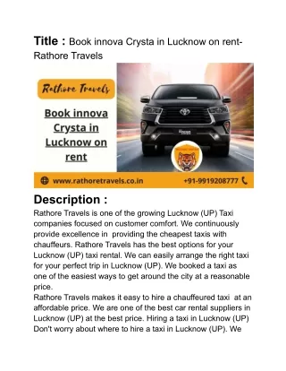 Book innova Crysta in Lucknow on rent- Rathore Travels