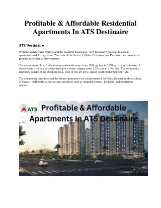 Profitable & Affordable Residential Apartments In ATS Destinaire