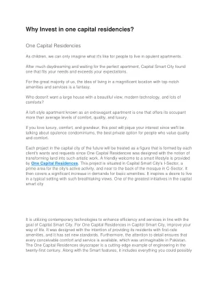 Why Invest in one capital residencies