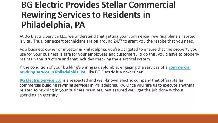 bg electric provides stellar commercial rewiring services to residents in philadelphia pa