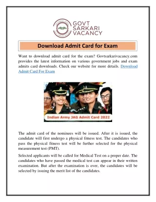 Download Admit Card for Exam  Govtsarkarivacancy