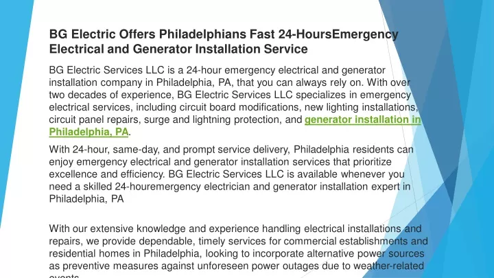 bg electric offers philadelphians fast