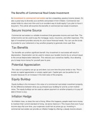 The Benefits of Commercial Real Estate Investment