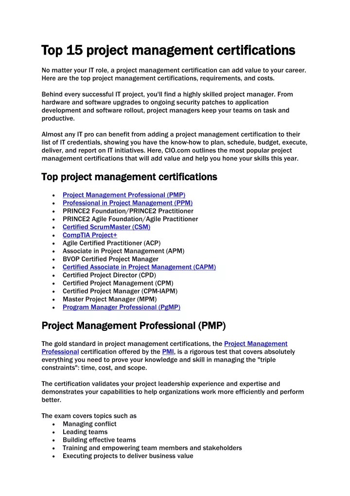 top 15 project management certifications