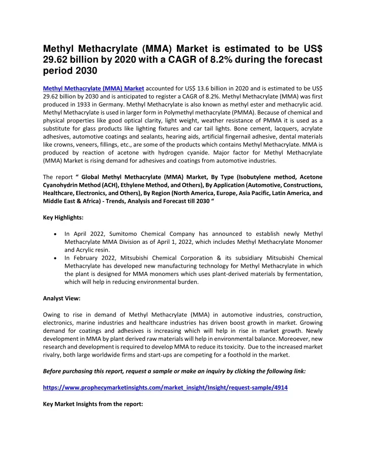 methyl methacrylate mma market is estimated