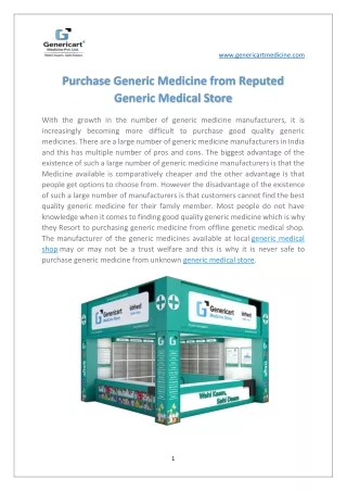 Purchase Generic Medicine from Reputed Generic Medical Store