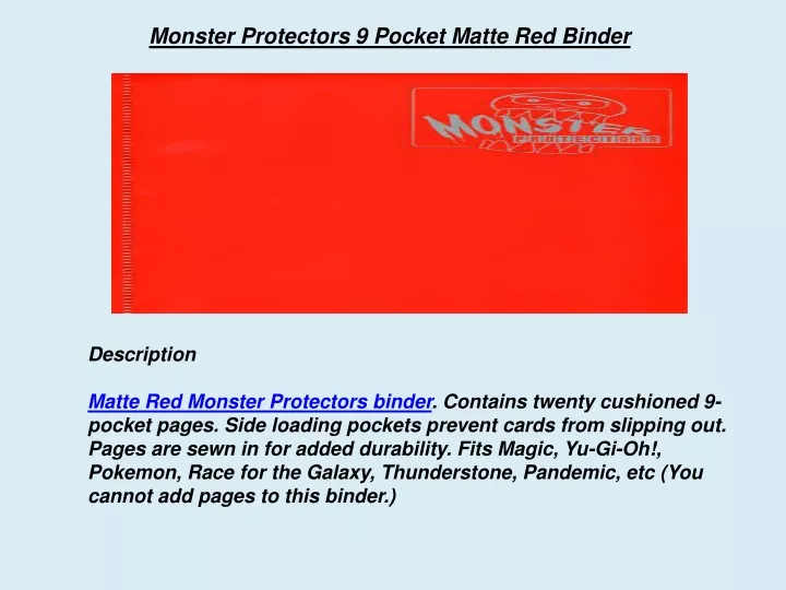 monster protectors 9 pocket matte red binder